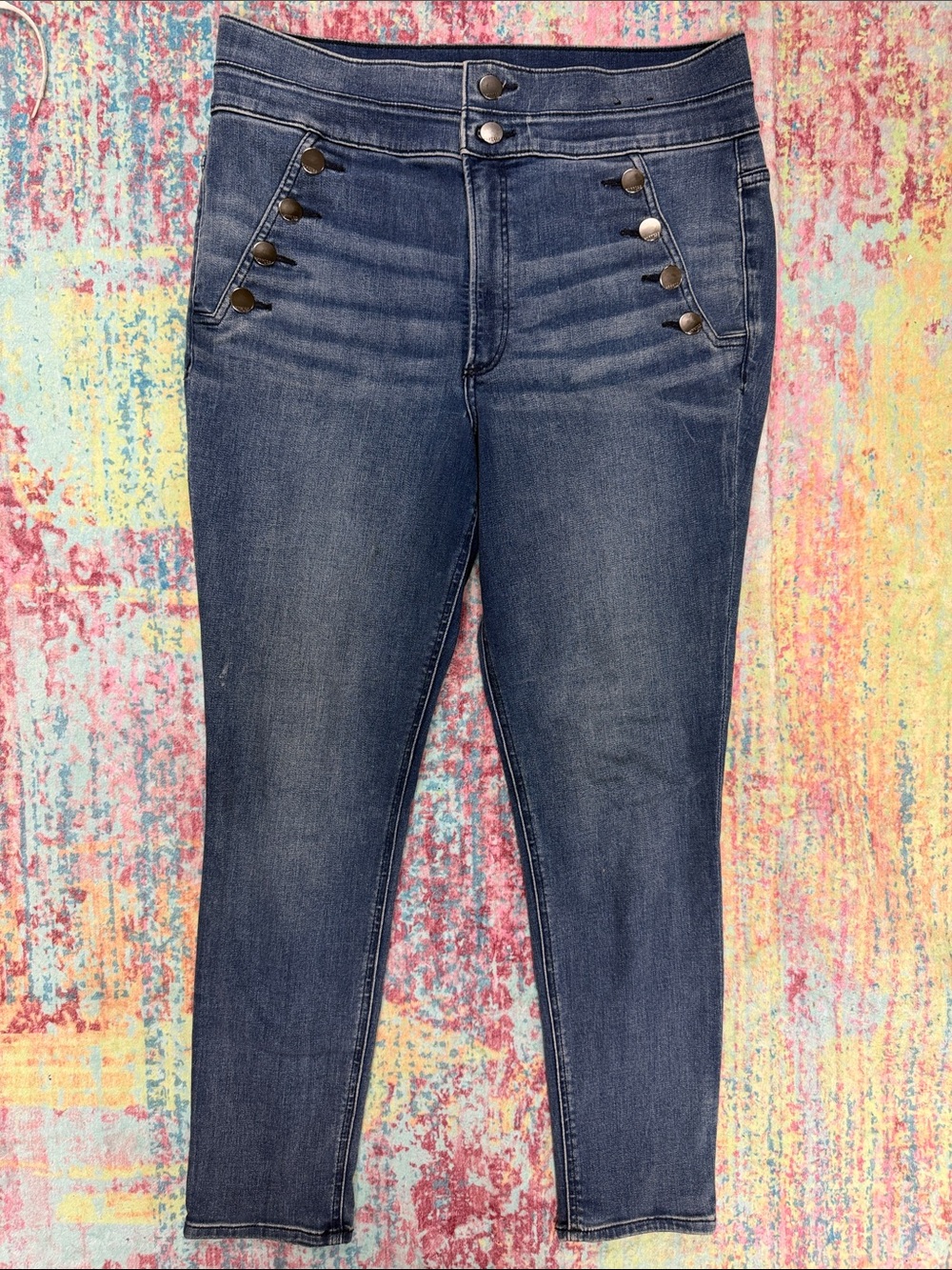 Express Dark Blue Skinny Jeans with Button Accent